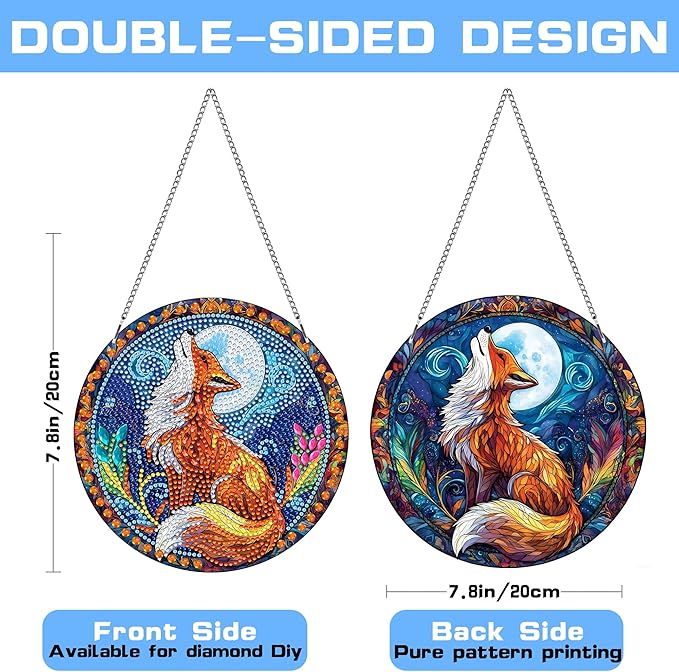 VAIIEYO Fox Diamond Painting Hanging, Animal Diamond Painting Suncatchers Double Side Window Hanging Kit with Chain, 7.5x7.5 inch Crystal Pendant Art Craft for Gift Home Wall Front Door Decoration