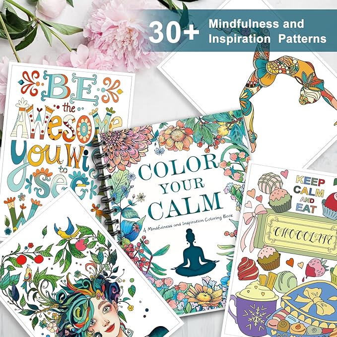 Adult Coloring Book for Women with 36 Dual-Tip Markers, 30 Patterns Positive Quotes Coloring Books for Adults Relaxation, Calming Gifts for Anxiety and Mindfulness Gifts for Women