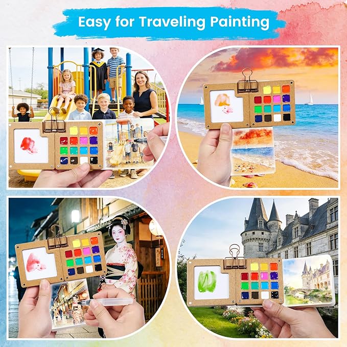 Mini Watercolor Paint Set, Travel Watercolor Paint kit with 24 Colors, Refillable Brush & Sketchbook, Ideal Watercolor Palette for Travel, Creative Painting Kit for Beginners and Artists(15 Gird)