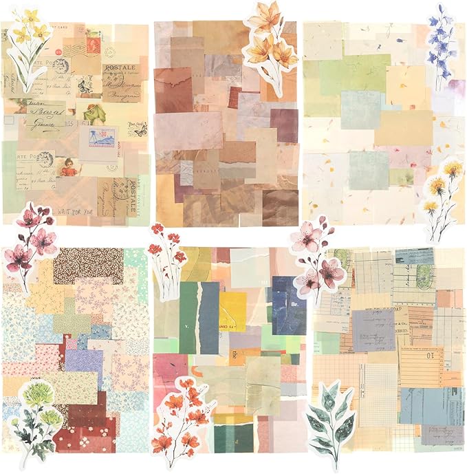 410 Pcs Vintage Scrapbook Paper, 6 Retro Journaling Scrapbooking Pape Supplies Kit includes 50 Sheet Flowers Stickers for Bullet Junk Planners Aesthetic Room Decor Wall Art Decorations Album Crafts