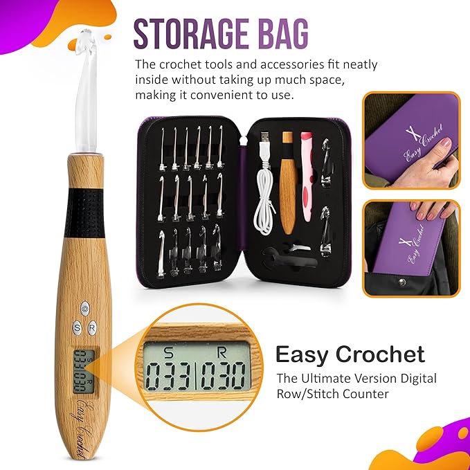 Crochet Counting Hook & Handle Set - 18 Hooks 2mm-14mm - Comfortable Ergonomic Soft Grip - w/Digital LED Row Stitch Finger Counter Marker Easy to Read Numbers - Crocheting Knitting Kit - Easy to Use
