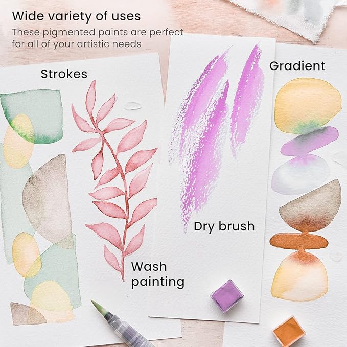 ARTEZA Watercolor Paint Set, 12 Pastel Tones Half Pans, Portable Travel Watercolor Set with Water Brush Pen, Metal Tin, and Swatch Sheets for Washes, Blending, and Watercolor Techniques