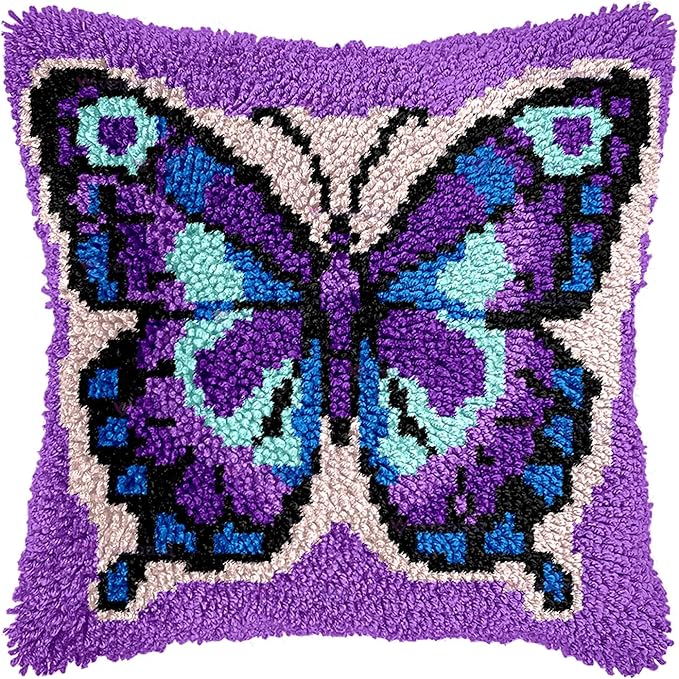 veirousa Butterfly Latch Hook Kits for Adults Beginners Animals Latch Hook Pillow Kit Pre-Printed Latch Hook Rug Kits Insect Cross-Stitch Cushion for Home Sofa Decoration 17x17 in. Handmade Gift