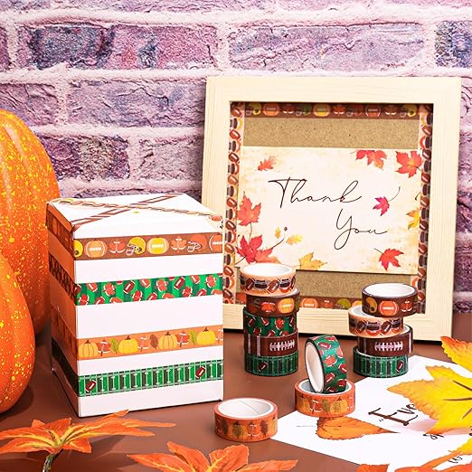 12 Rolls Fall Football Washi Tape Autumn Pumpkin Rugby Decorative Masking Tape Set Thanksgiving Wrapping Paper Tapes for Scrapbook Journal DIY Art Crafts