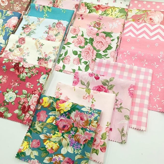 22Pcs 10" Pink Floral Fabric Squares No Repeat Charm Pack, Precut Quilting Cotton with Wavy Edges,10 Inch Squares for Quilting