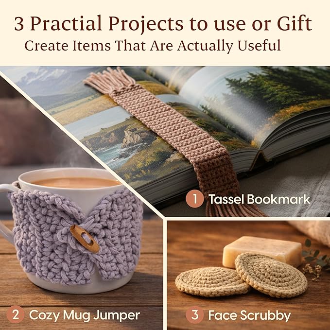 Berstuk Beginner Crochet Kit for Adults – Easy Projects with Step-by-Step Video Tutorials - Complete Kit for Functional Projects - Left & Right-Handed Instructions