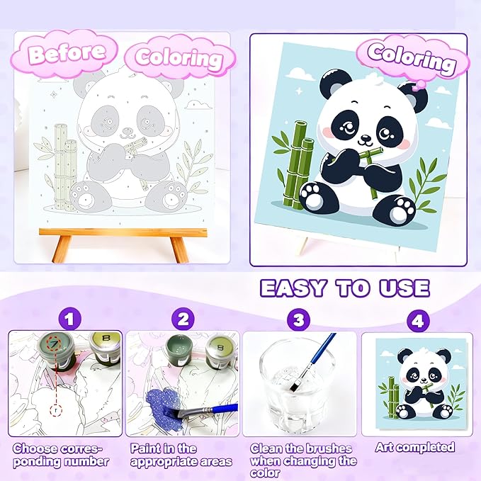 Gemozaic Paint by Numbers Kit for Kids with Frame and Easel, Cute Panda Kids Paint by Number on Canvas for Age 4-8, 8x8 Inch