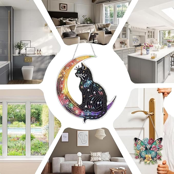 SKRYUIE Cat Hanging Diamond Art Kits for Adults Pendant Suncatcher, Special Shaped Crystal DIY Pearl Diamond Painting Kit, Gift for Mother Spring Summer Window Wreath Decor 7.49 x 5.91 Inch D4