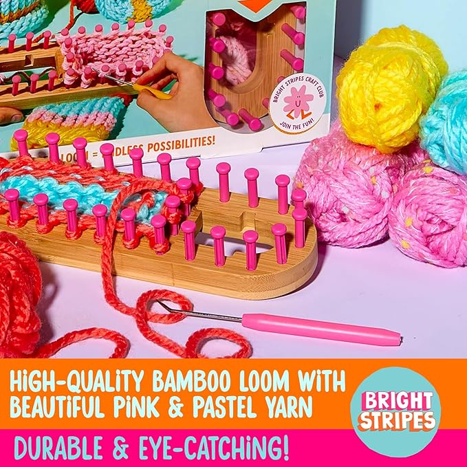 Bright Stripes Nimble Knitter Kit| 4-in-1 Adjustable Bamboo Loom with Chunky Yarn & Guide| DIY Craft Set to Make Scrunchies, Hats, Bags & More| Great for All Ages