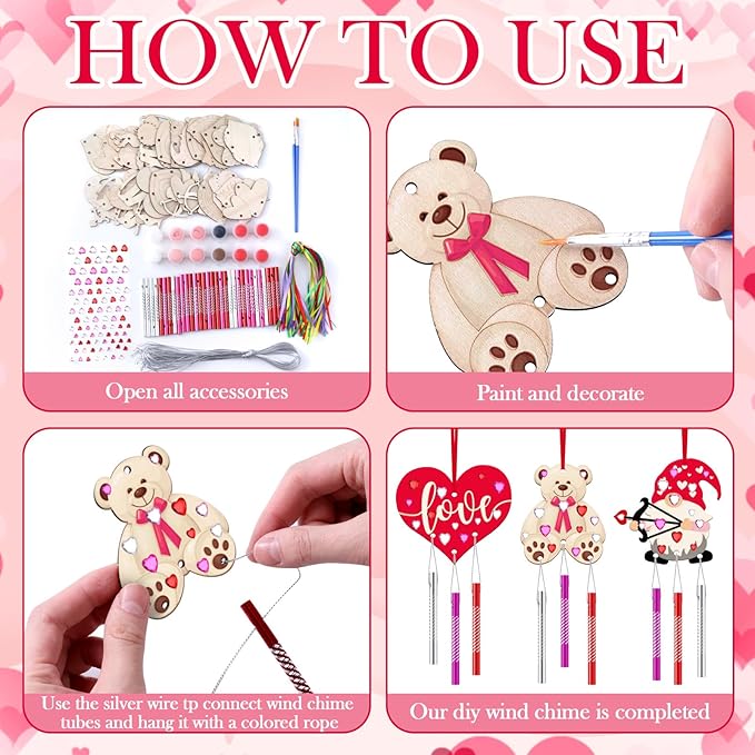 JellyArch 30 Pack Valentine's Day Crafts for Adults, Heart Wind Chime Making Kit Make Your Own Wind Chime Wooden Ornaments for DIY Crafts Activity Birthday Decoration