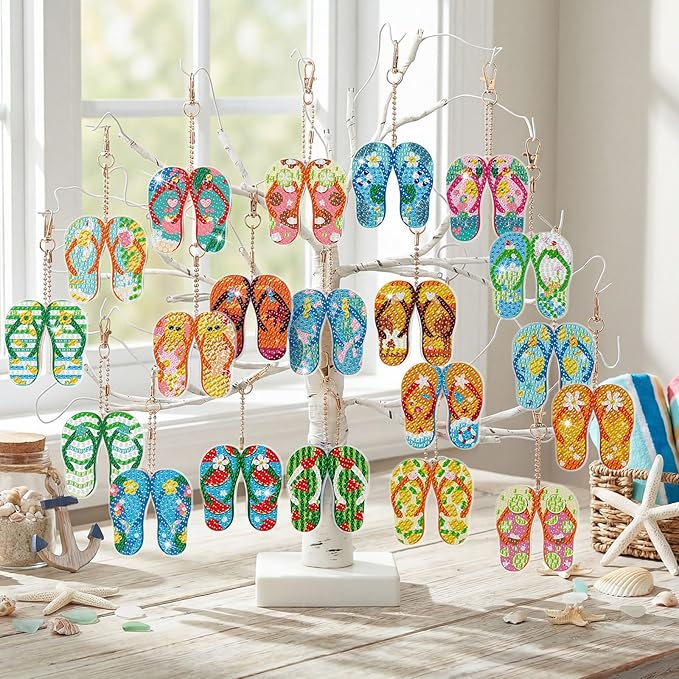 Huquary 30 Pcs Summer Diamond Art Flip Flop Diamond Painting Keychains Kits for Aldults Double Sided 5d Rhinestones Beach Slipper Hanging Key Chains Ornaments for Beginners DIY Crafts Party