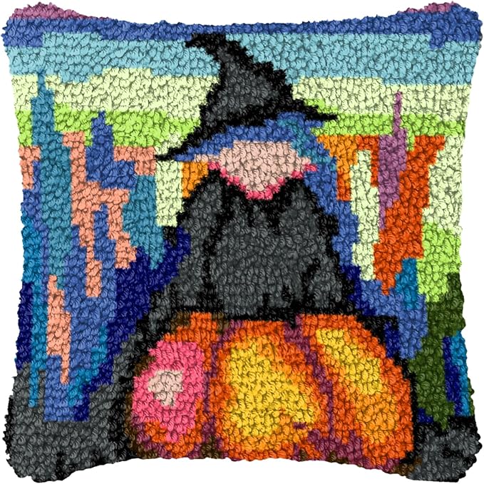 LAPATAIN Latch Hook Kits for Adults,Halloween Pattern Color Printed Canvas DIY Throw Pillow Cover,Beginners Handmade Needlework Crafts Home Decoration 17x17inch