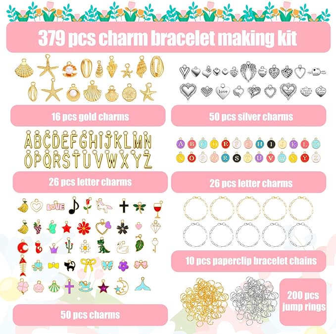 Yuanan 379 PCSCharm Bracelet Making Kit, DIY Charm Bracelet Kit Chain Bracelets Making Kits Including Paperclip Chain Bracelets Charms Jump Rings Pliers Tools for Women Crafts Gift