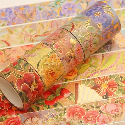 YUBBAEX Blooming Washi Tape Set Gold Foil Masking Tape Peony Wide Decorative for Arts, DIY Crafts, Journal Supplies, Planners, Scrapbook, Card/Gift Wrapping -25mm- (Red Flowers)