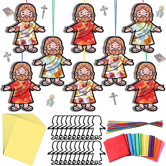 Motipuns 32 Sets Easter Jesus Ornaments Craft Kit, Religious Christian DIY Jesus Loves You Suncatchers Gift Stained Glass Effect with Tissue Paper Window Art for Sunday School Church VBS Decor