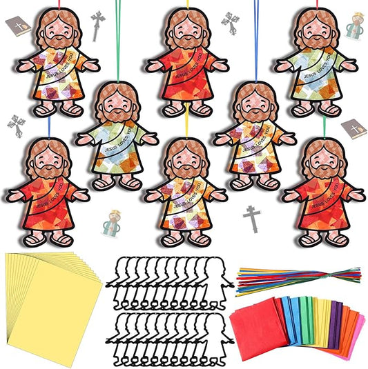 Motipuns 32 Sets Easter Jesus Ornaments Craft Kit, Religious Christian DIY Jesus Loves You Suncatchers Gift Stained Glass Effect with Tissue Paper Window Art for Sunday School Church VBS Decor