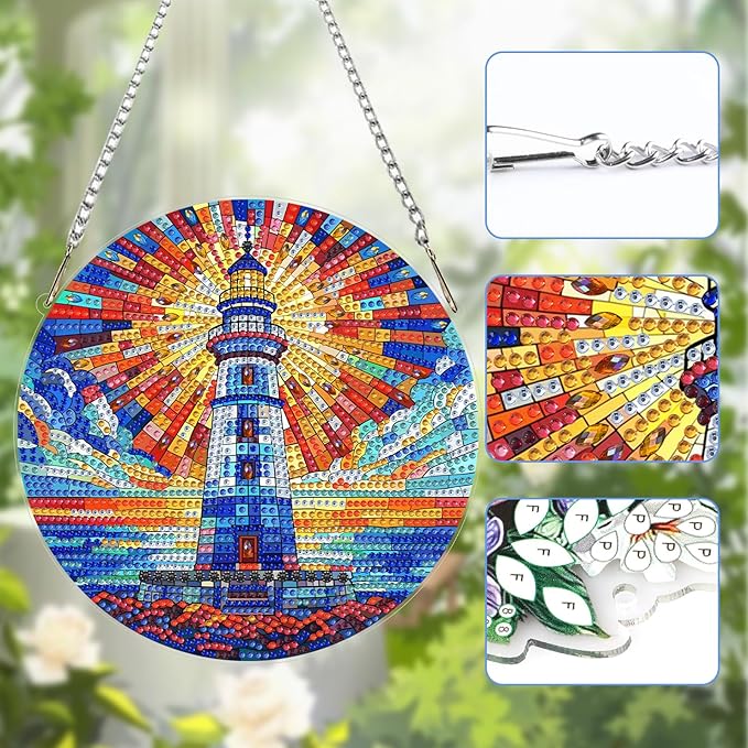 Lxmsja DIY Stained Glass Lighthouse Diamond Painting Hanging Ornament, Double-Sided Acrylic Sun Rays Diamond Art Kit, Special Shaped Suncatcher Hanging Pendant Window Art Kit