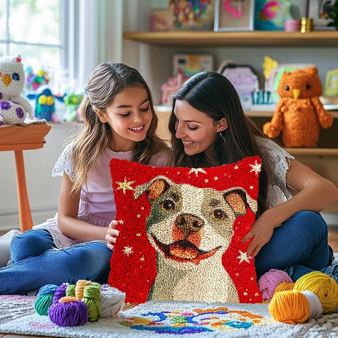 DIY Latch Hook Pillow Kits for Adults Merry Christmas Pitbull Dog Pillow Cover Printed Pillowcase Crochet Yarns Hooking Handmade Cushion for Home Sofa Decoration 17x17inch(1)