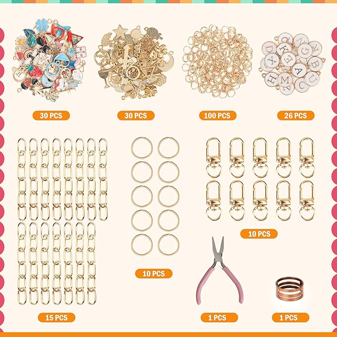 Starry 223Pcs Keychain Making Kit Bag Charm Kit 86 Charms 10 Keychain Clips with Key Ring Jewelry Plier,15 Extender Chain Swivel Snap Hooks Gold Charms 100 Jump Ring DIY Craft Supplies