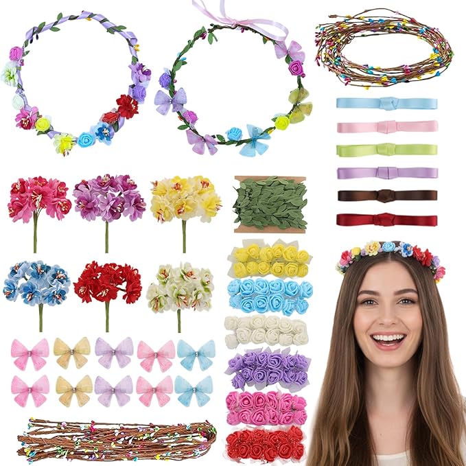 DIY Flower Crowns Making Kit, 145 Pcs Butterfly Rose Floral Headband Craft Kit, Handmade Creativity Fairy Flower Hair Accessories Set for Women Birthday Party Make Your Own Arts Creative Gifts
