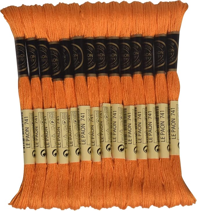 LE PAON Embroidery Floss, 14-Pack Six Strands 100% Long Staple Cotton Embroidery Thread, 8.7-Yard，Color Number：741, Medium Tangerine