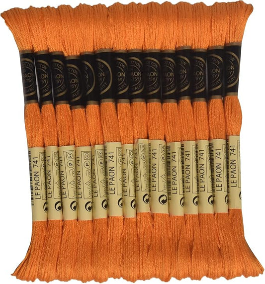 LE PAON Embroidery Floss, 14-Pack Six Strands 100% Long Staple Cotton Embroidery Thread, 8.7-Yard，Color Number：741, Medium Tangerine
