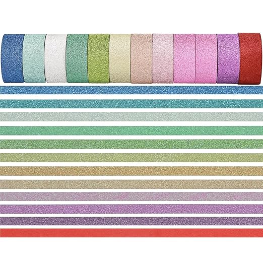 YUKUNTANG Glitter Washi Tape Set, 12 Rolls, 15mm x 66 Yards, Metallic Foil Sparkle Decorative Craft Tape for DIY Art, Scrapbooking, Journaling, Gift Wrapping