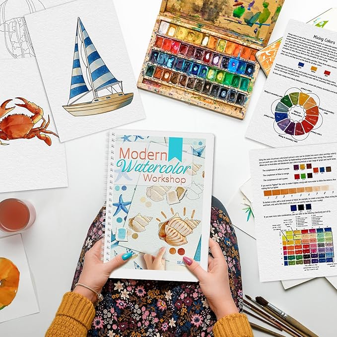 Watercolor Workbook, Watercolor Workbook Paint Book Beginner Friendly, 12 Different Patterns Stress-Relieving Art Crafts for Creative Exploration Gift for Women Adults Teens (Seaside, 1)