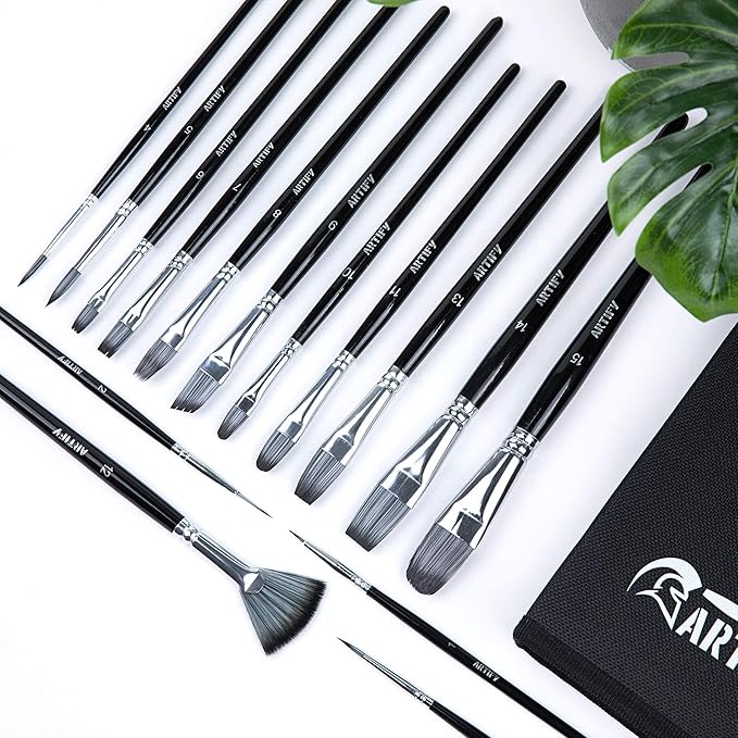 18 Piece Paint Brush Set, ARTIFY 15 Acrylic Paint Brushes, Palette Knife, and 2 Sponges, Professional Artist Paint Brushes for Acrylics, Watercolors, Gouache, Canvas, and Face Painting,Black
