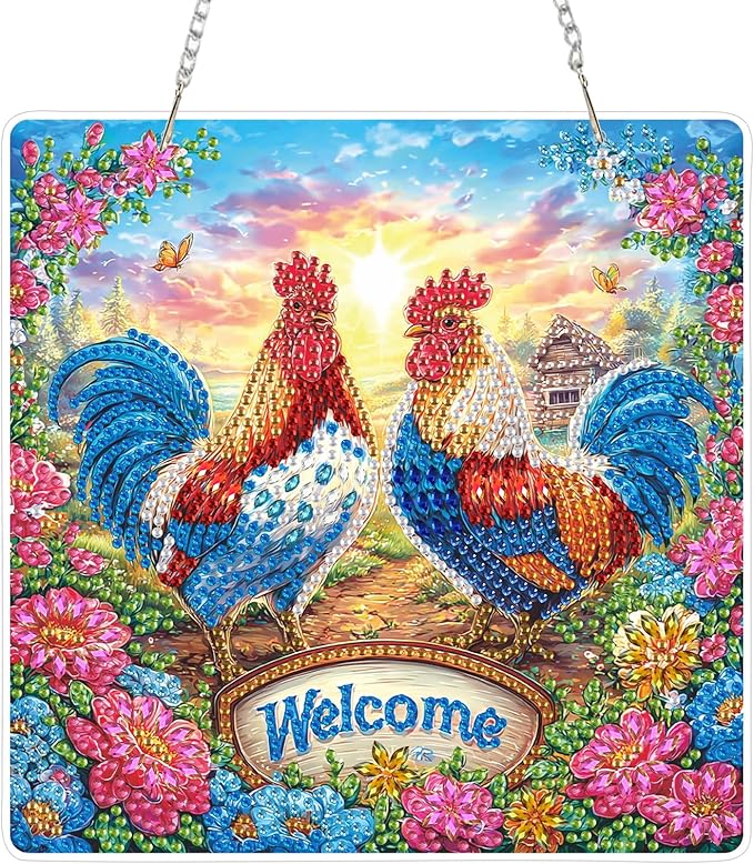 Lxmsja DIY Two Chickens Diamond Painting Hanging Ornament, Double-Sided Acrylic Farm Diamond Art Kit, Special Shaped Suncatcher Hanging Pendant Window Art Kit 8x8 inch