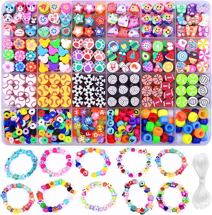 BBita 1000PCS Polymer Clay Beads Bracelet Making kit, 24 Style Cute Fun Sports Ball Beads Baseball Basketball Soccer Rugby Volleyball Football Charms, DIY Bracelet Making kit