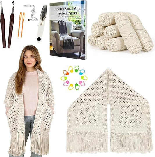 Arborthread Crochet Kit for Beginners, Easy Pocket Shawl & Scarf Crochet Kit for Adults w/Ample Premium Yarn to Fit Different Sizes, Step-by-Step Video & Instructions, Light Khaki
