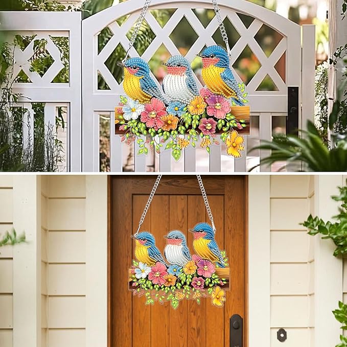 MXJSUA Special Shaped Hanging Diamond Painting Art Kits for Adults, Birds Flowers Fence 3D Crystal Rhinestone Acrylic Gem Art Pendant Ornaments Kit for Home Decoration and Gift