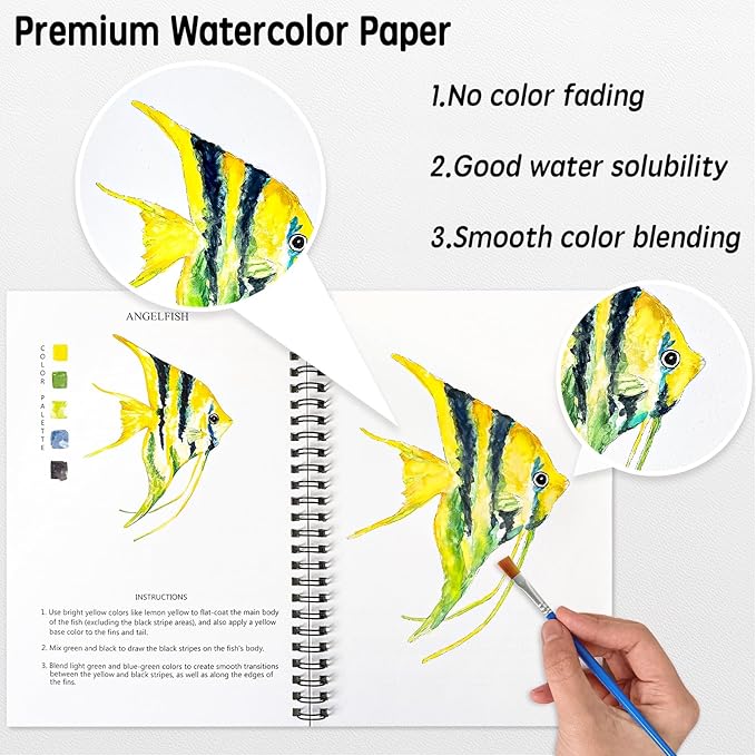 SLWBZ Watercolor Workbook Ocean Animals, 15 Different Patterns of Original DIY Designs, 16 Color Watercolor Paint Plates with Palette and Brush, Beginner-Friendly Watercolor Workbooks, Ocean Animals