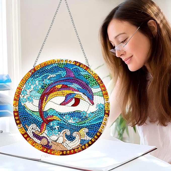 Pavemlo Hanging Diamond Art Kits for Adults Dolphin – 8x8 Inch Double-Sided Acrylic Board DIY Crystal Diamond Suncatcher Pendant, Sparkling Home Wall or Window Decoration Handmade Gift