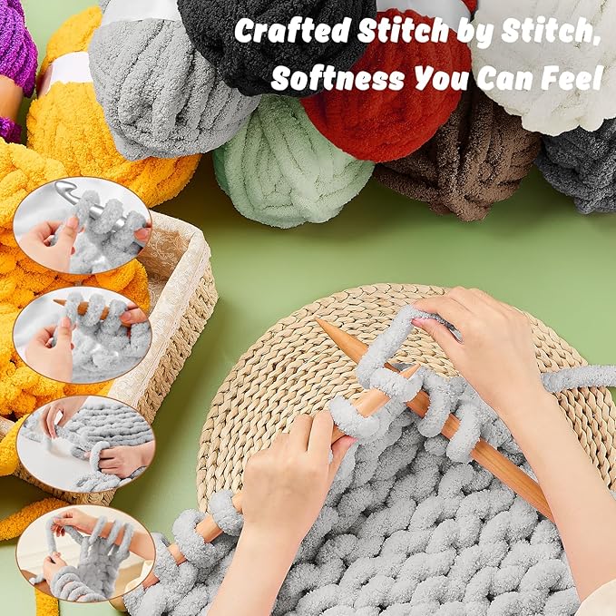 Inhand 18 Pack Chunky Chenille Yarn for Crocheting–30.6 Yards, 7.7oz, Soft Fluffy Thick Yarn,Gifts for Women/Grandma/Men Birthday Christmas Unique,Hand Knitting for Blankets&DIY Crafts (Light Gray)