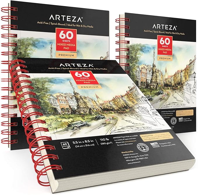 ARTEZA Mixed Media Sketchbook, 5.5 x 8.5 Inches, Pack of 3, 60 Sheets Each, Micro-Perforated Spiral-Bound Paper Pad for Wet and Dry Media