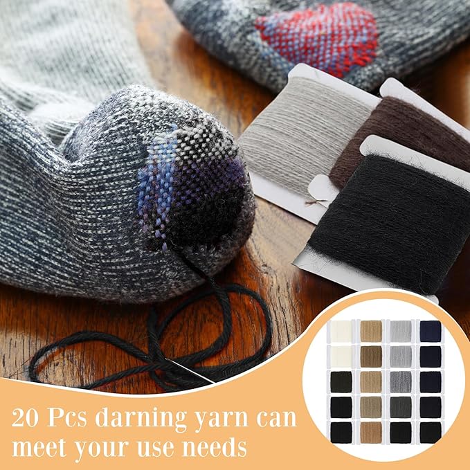 Jexine 20 Pcs Darning Thread 50% Wool 50% Acrylic Yarn 1200m Darning Kit with 24 Pcs Large Eye Sewing Needles for Clothes Socks Plush Toy Adults DIY Home Sewing Care, 60 Meters Per Yarn(Dark Color)