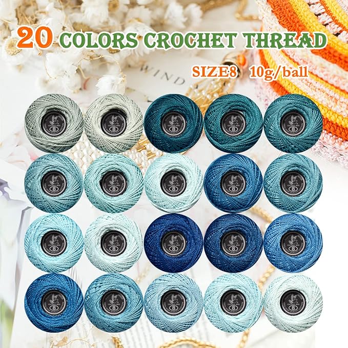 Soft 20 Colors Classic Crochet Thread 20 Pack,100% Cotton (Delft Blue-828-927)
