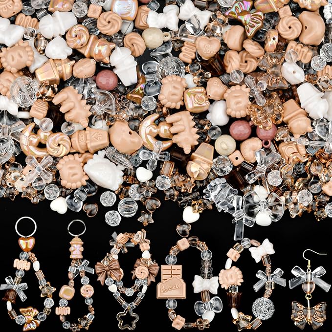 ABONDEVER 245-300Pcs Assorted Acrylic Beads for Bracelets Making Kawaii Star Bow Flower Candy Heart Gummy Bear Butterfly Beads for DIY Jewelry Crafts Keychain Necklace Phone Charms(Coffee)
