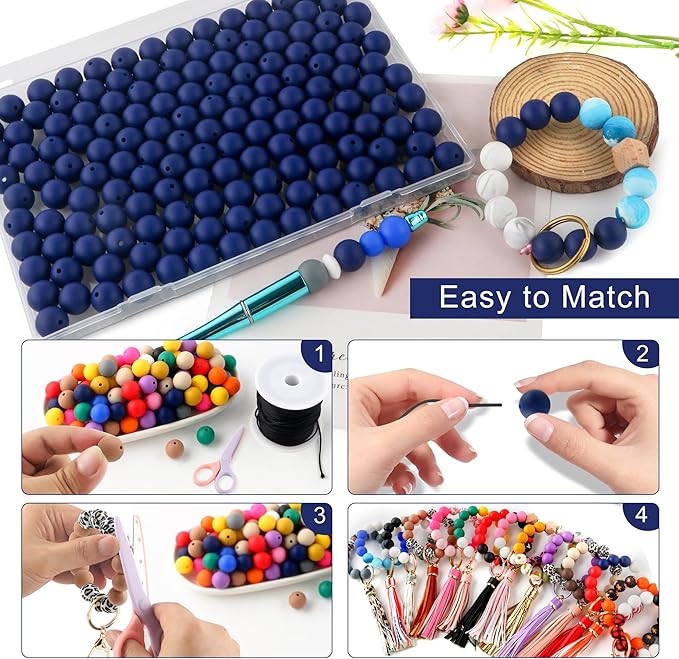 150Pcs 15mm Silicone Beads for Keychain Making Bracelet Necklace, Bulk Round Silicone Beads for Pens(Navy Blue)