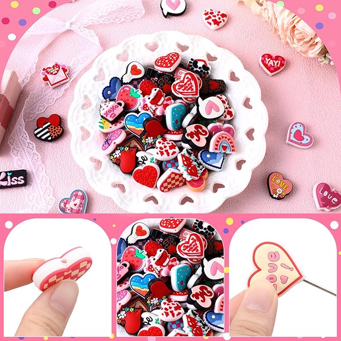 VioraWhite 100 Pcs Valentine's Day Silicone Beads for Pens Series Silicone Beads Charm Keychain Kit Lanyard Making Kit for Bracelet Necklace Jewelry Handmade Crafts Decoration