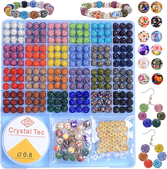 AIPRIDY Jewelry Making Beads Set, 590 PCS 10mm Round Mixed Color Rhinestone Clay Beads with Pearl and Floral Beads for DIY Bracelets, Necklaces(Fixed Mixed)