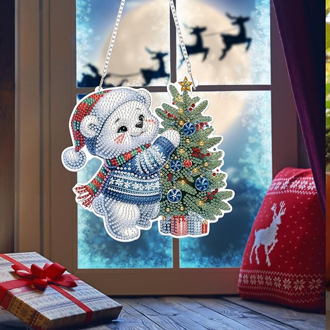 Bowetile Christmas Diamond Art Hanging Kits for Adults, Diamond Art Suncatchers Polar Bear, 5D Special Shape Diamond Painting Pendant Window Ornament Christmas Gifts for Home Door Wall Decor