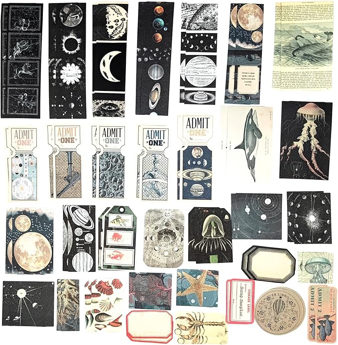 Esweny 200 Pieces Vintage Ephemera Scrapbooking Supplies Pack for Journaling, Decoupage Paper Scrapbook Stickers Kit for Junk Journal Planners Collage Craft Notebooks Album (Space and Sea)