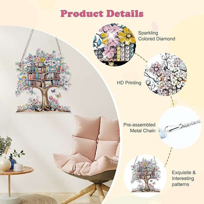 HEIBAGO Book Diamond Art Hanging Kits for Adults, Tree Diamond Art Suncatchers, 5D Special Shape Diamond Painting Pendant, DIY Window Ornament Gifts for Home Garden Door Wall Decor 8.3 x 8.3 Inch