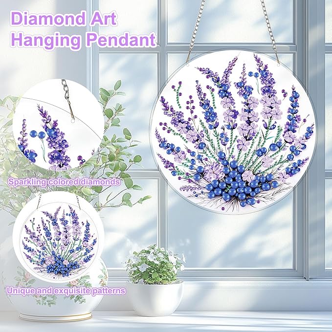 TOSTOG Blue Berries Diamond Art Pendant Kits for Adult, Flower Diamond Painting Hanging Kit for Beginners, 5D DIY Crafts Gem Art, Waterproof Full Accessories for Home Decor Idea 20 * 20 cm/8 * 8 in