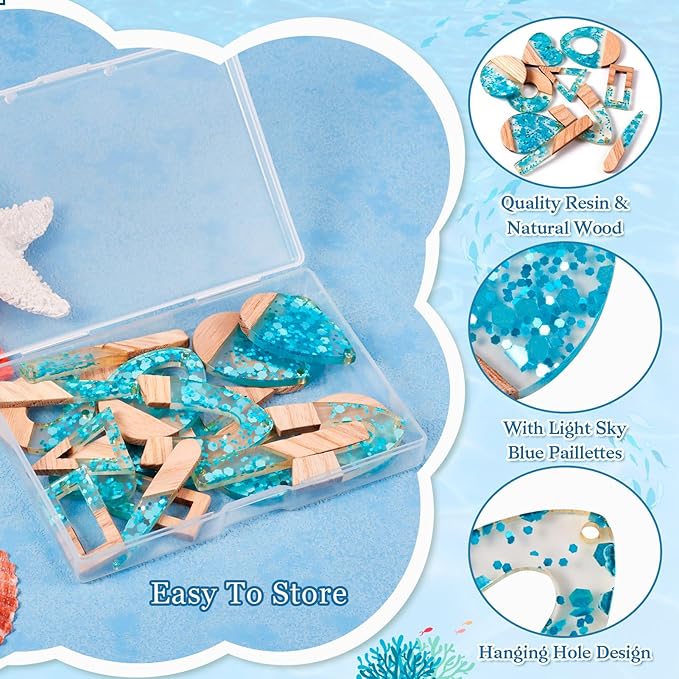 Beadthoven Sea Blue Charms for Earrings Making, 20pcs/10 Pairs Resin Wood Pendants DIY Women Necklace Wooden Pendants Supplies for Jewelry Making Bookmarks Ornaments Dangle Crafts