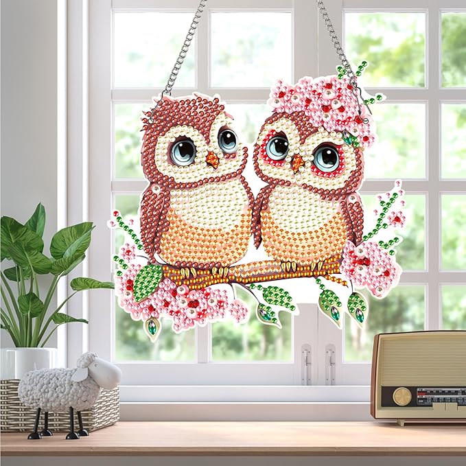 AiYuanzsh Owl Couple Diamond Art Hanging Ornament, 5D DIY Special Shape Diamond Painting Suncatcher Kit for Adults, Handmade Mosaic by Number Pendant Gift for Valentine’s Day
