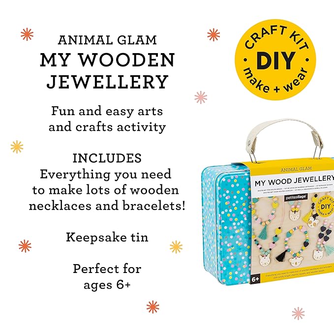 Petit Collage Animal Glam Wood Jewelry Set Craft Kit– Activity Set to Make Charm Bracelets and Necklaces for Women – Creative Toys for Ages 6+ – Ideal Crafts for Kids